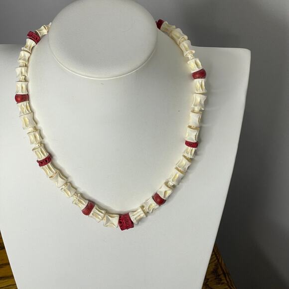 The Unbranded Brand Jewelry - beaded necklace costume jewelry cream and red beads faux carved tribal natural